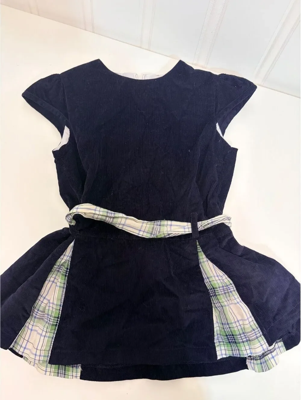 Bella Bliss Navy Corduroy with Gingham Pleats Dress 4T